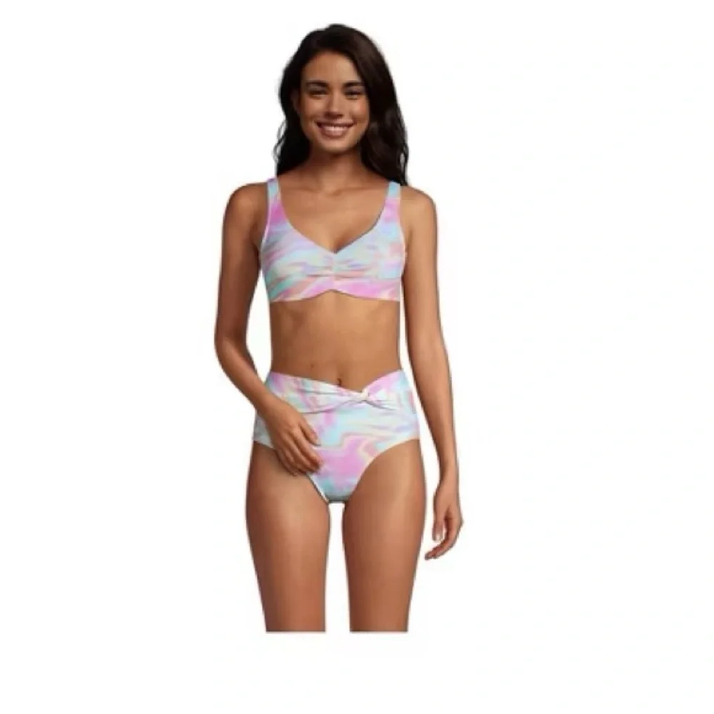 Lands End Pastel Rainbow Swirl V-Neck Bikini Top - Picture 4 of 13